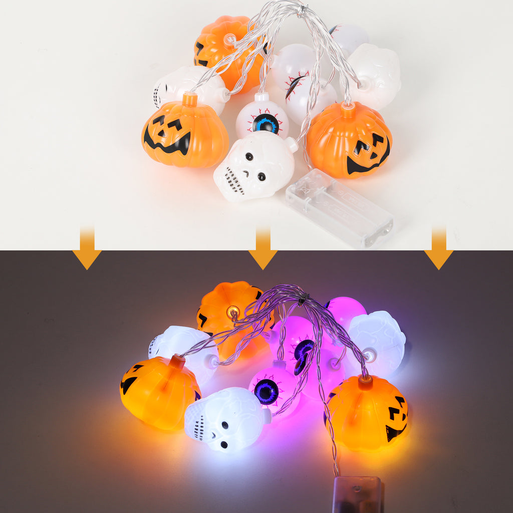 6.56ft 10 LED Halloween String Lights - Battery Operated Pumpkin, Skull & Eyeball Fairy Lights for Indoor/Outdoor Party Decor
