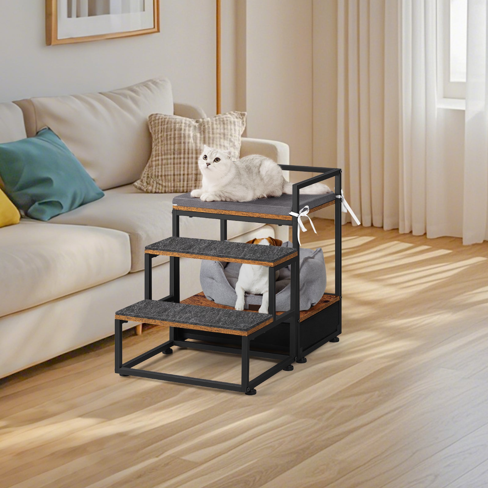 3-Step Elevated Pet Bed with Stairs and Large Storage Drawer