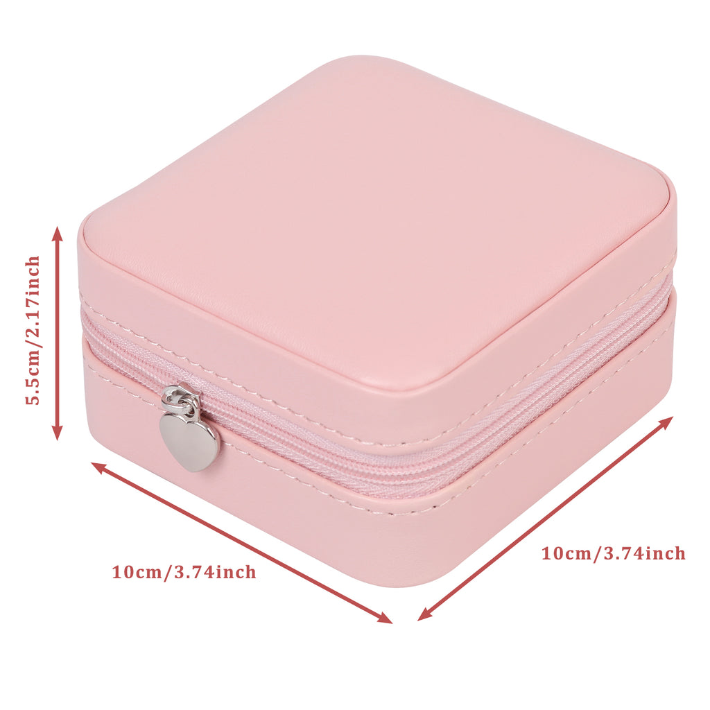 Pink Portable Travel Jewelry Case - Compact PU Leather Zippered Jewelry Organizer for Earrings & Necklaces