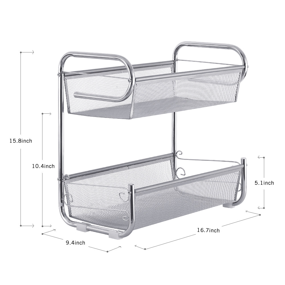 Silver 2 Tier Mesh Storage Rack Countertop Organizer, Double Basket Kitchen Bathroom Desktop Storage Shelf