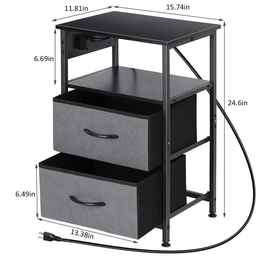 Compact Bedside Table with Power Outlets, Two Fabric Storage Drawers, and Open Shelf, Industrial Black Side Table for Small Bedrooms and Living Spaces