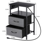 Compact Bedside Table with Power Outlets, Two Fabric Storage Drawers, and Open Shelf, Industrial Black Side Table for Small Bedrooms and Living Spaces