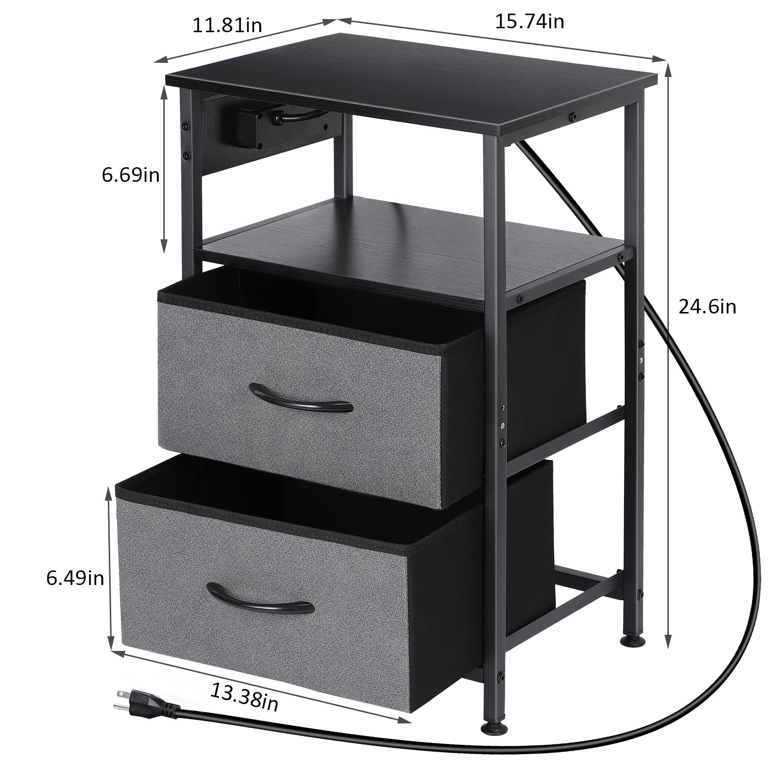 Compact Bedside Table with Power Outlets, Two Fabric Storage Drawers, and Open Shelf, Industrial Black Side Table for Small Bedrooms and Living Spaces