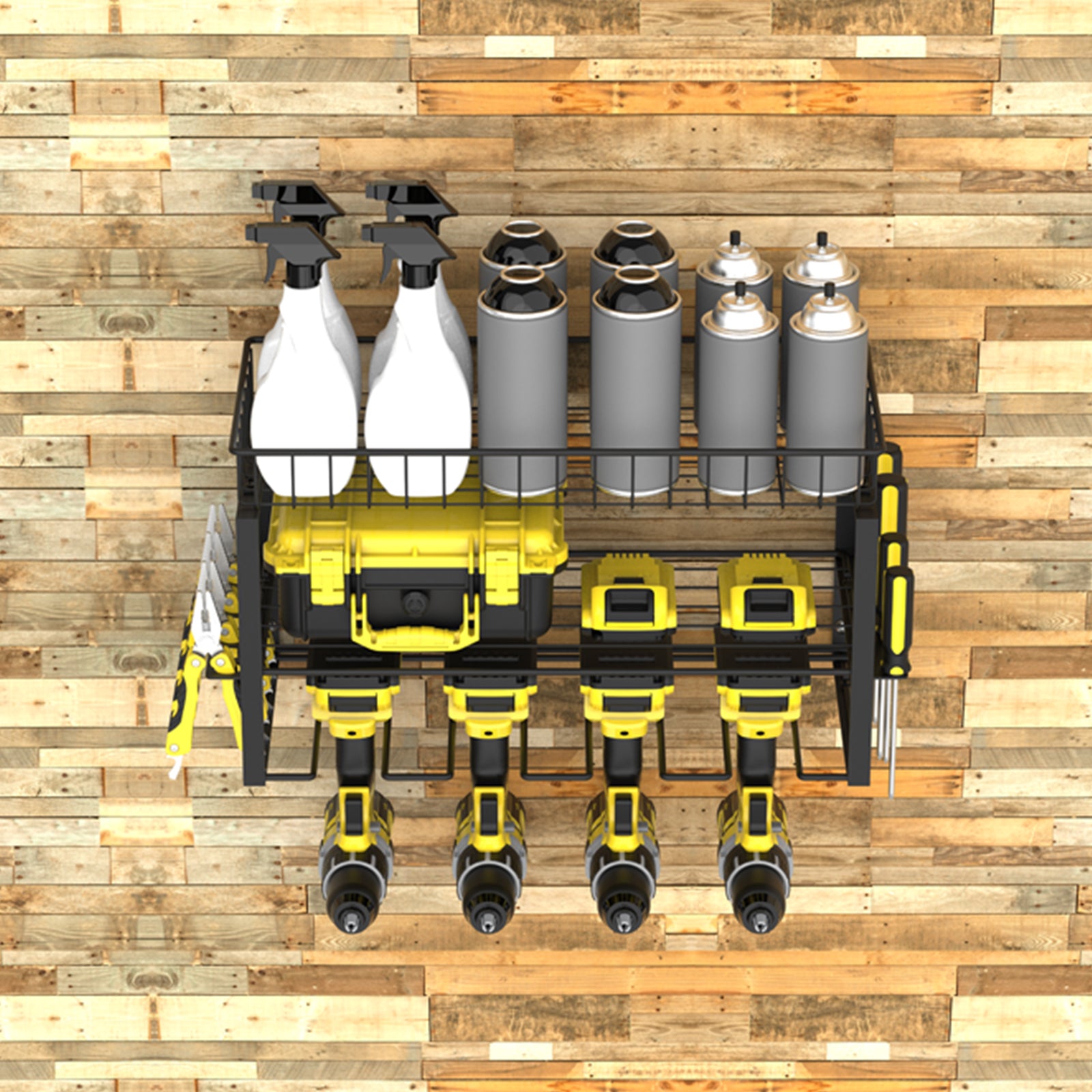 2-Tier Power Tool Organizer, Wall-Mount Drill Holder with Storage Basket for Garage & Workshop