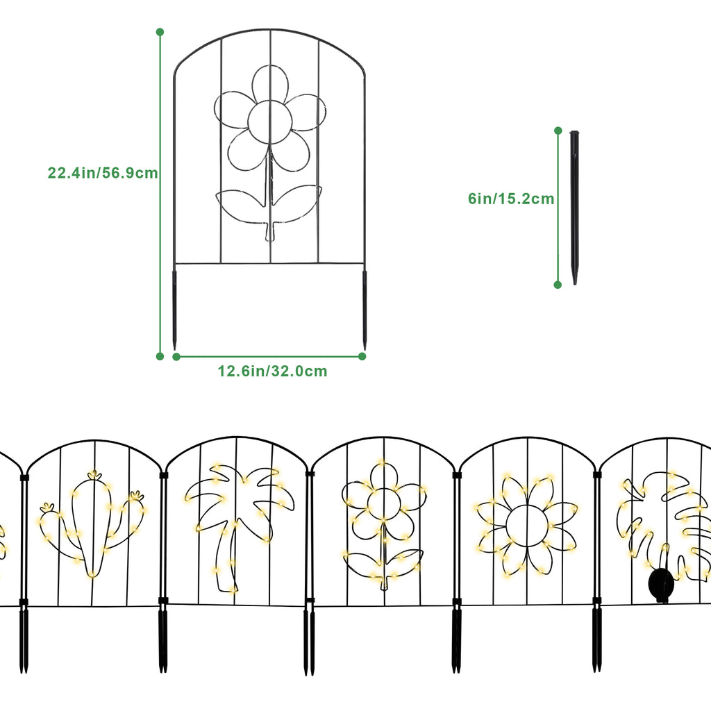 10 Pcs Garden Fencing Animal Barrier with Mini Solar Powered LEDs, Decorative Outdoor Fences and Borders with Flower Pattern & String Lights, Flower Bed, Patio, Square, Rustproof Metal Fence Panel
