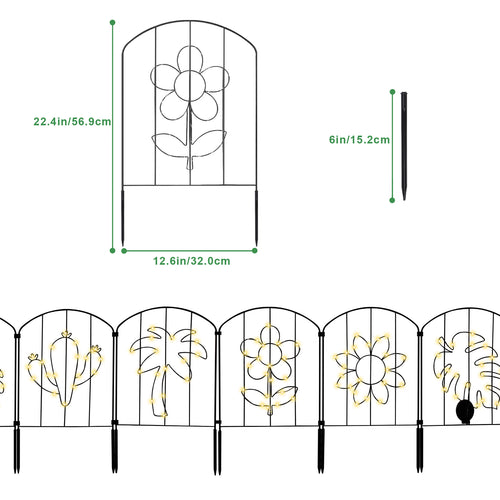 10 Pcs Garden Fencing Animal Barrier with Mini Solar Powered LEDs, Decorative Outdoor Fences and Borders with Flower Pattern & String Lights, Flower Bed, Patio, Square, Rustproof Metal Fence Panel