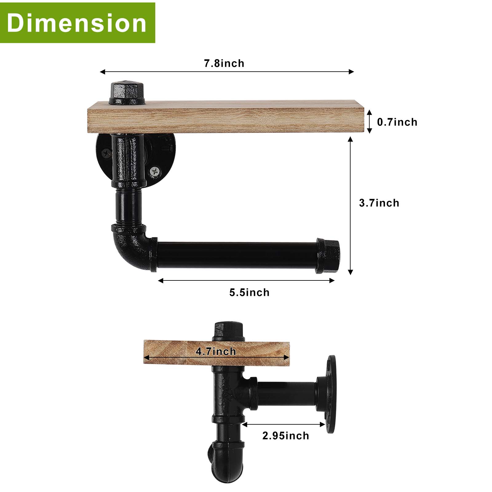 Industrial Cast Iron Pipe Tissue Holder with Rustic Wood Shelf， Wall-Mounted Decorative Bathroom Rack.
