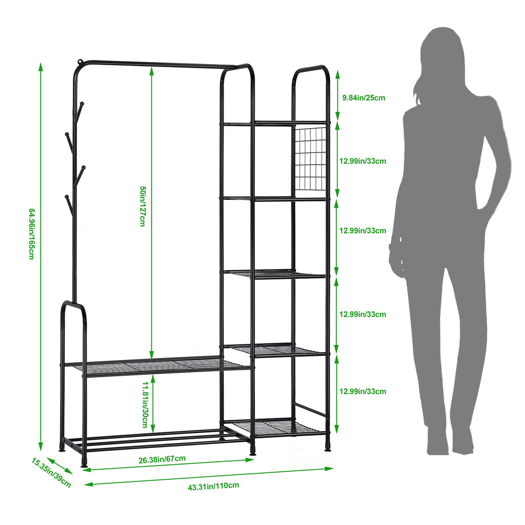 Black Coat Rack Freestanding Clothing Rack with 5-Tier Shelves & Shoe Storage, Heavy-Duty Garment Rack,
