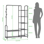 Black Coat Rack Freestanding Clothing Rack with 5-Tier Shelves & Shoe Storage, Heavy-Duty Garment Rack,
