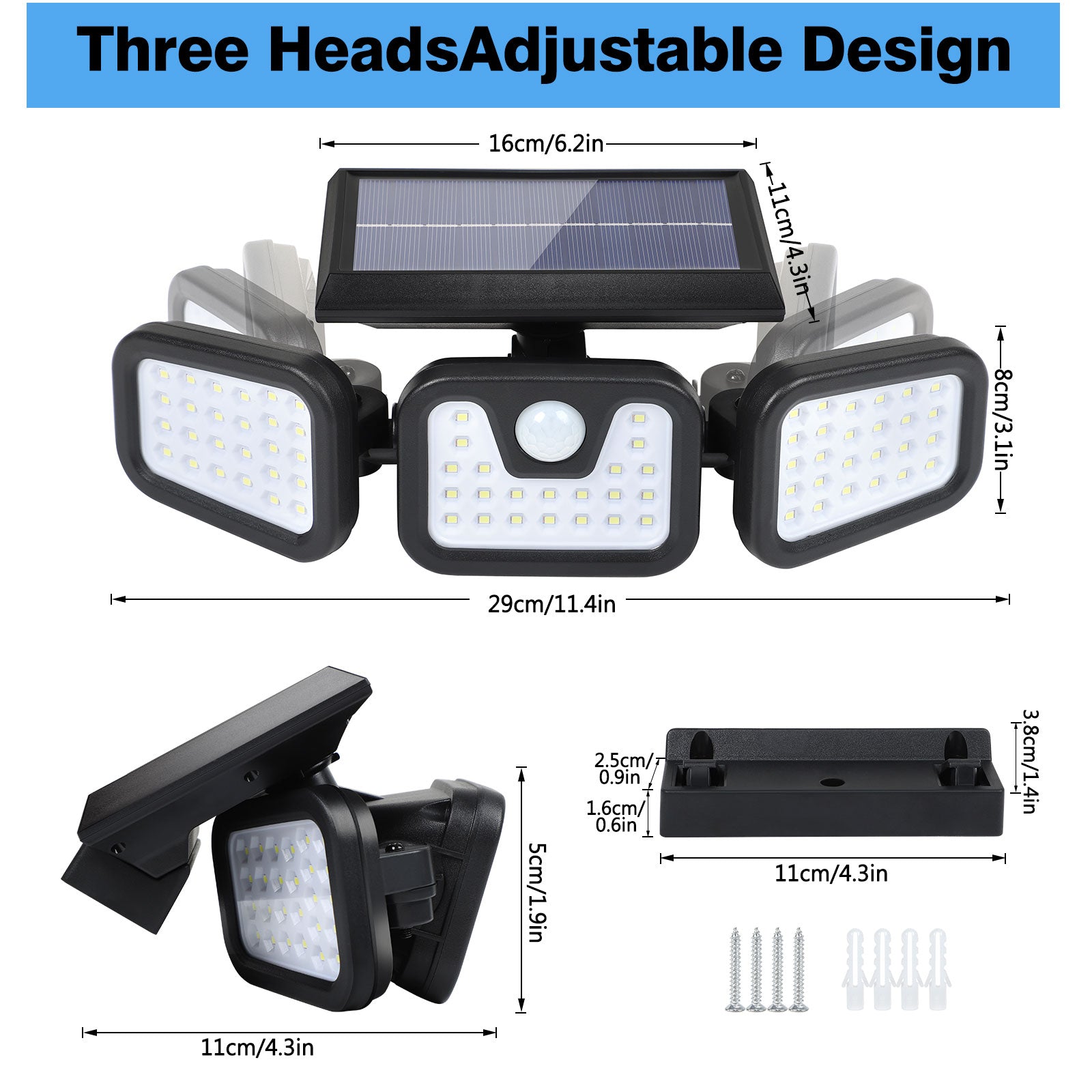 3-Head Solar Motion Sensor Lights Outdoor, Foldable & Rotatable LED Security Flood Light with Remote Control