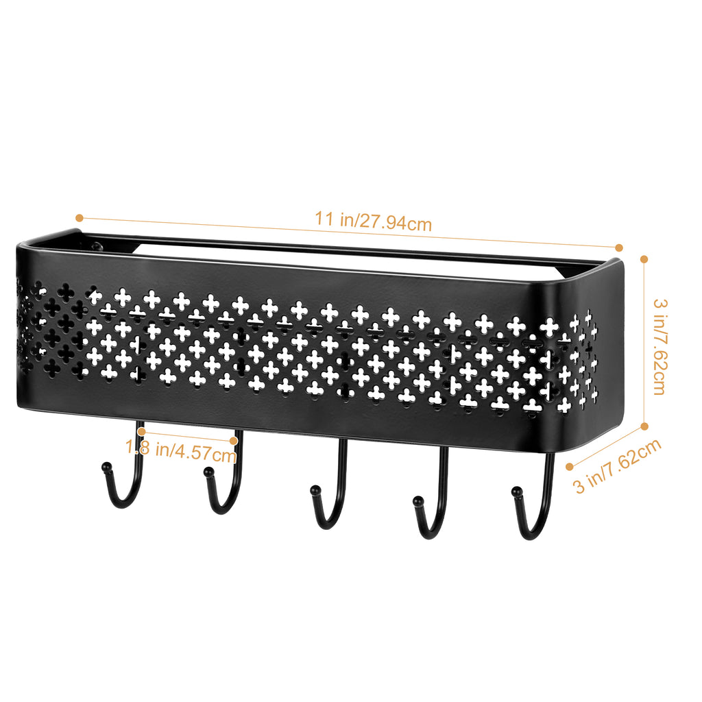Wall Mounted Key & Mail Holder Set of 2 - Decorative Metal Entryway Organizer with 5 Hooks, Black