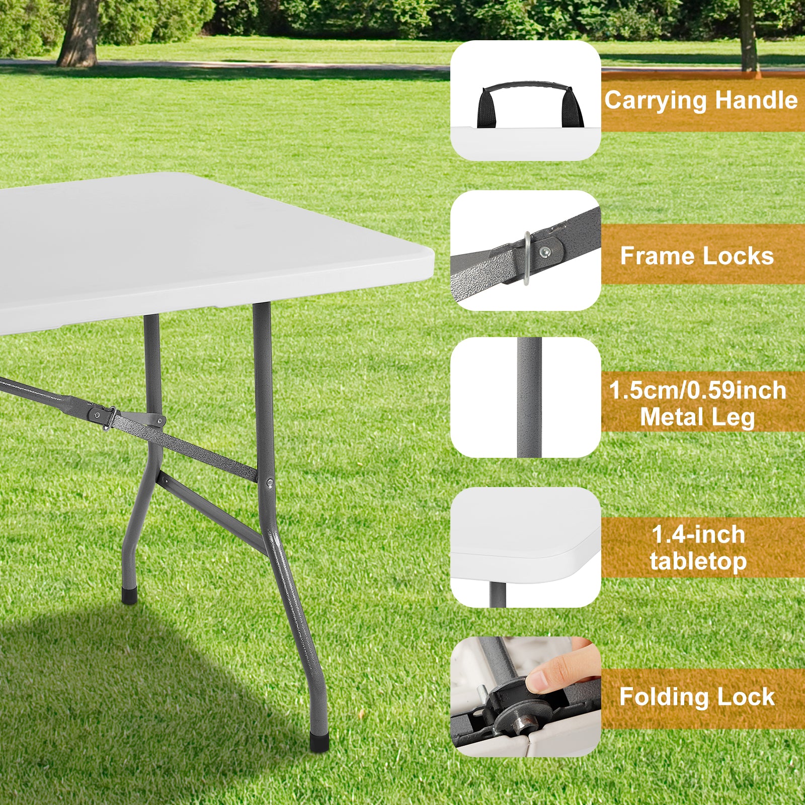 6-Foot Portable Folding Table, Heavy-Duty Indoor/Outdoor Utility Picnic Table with Carrying Handle (White)