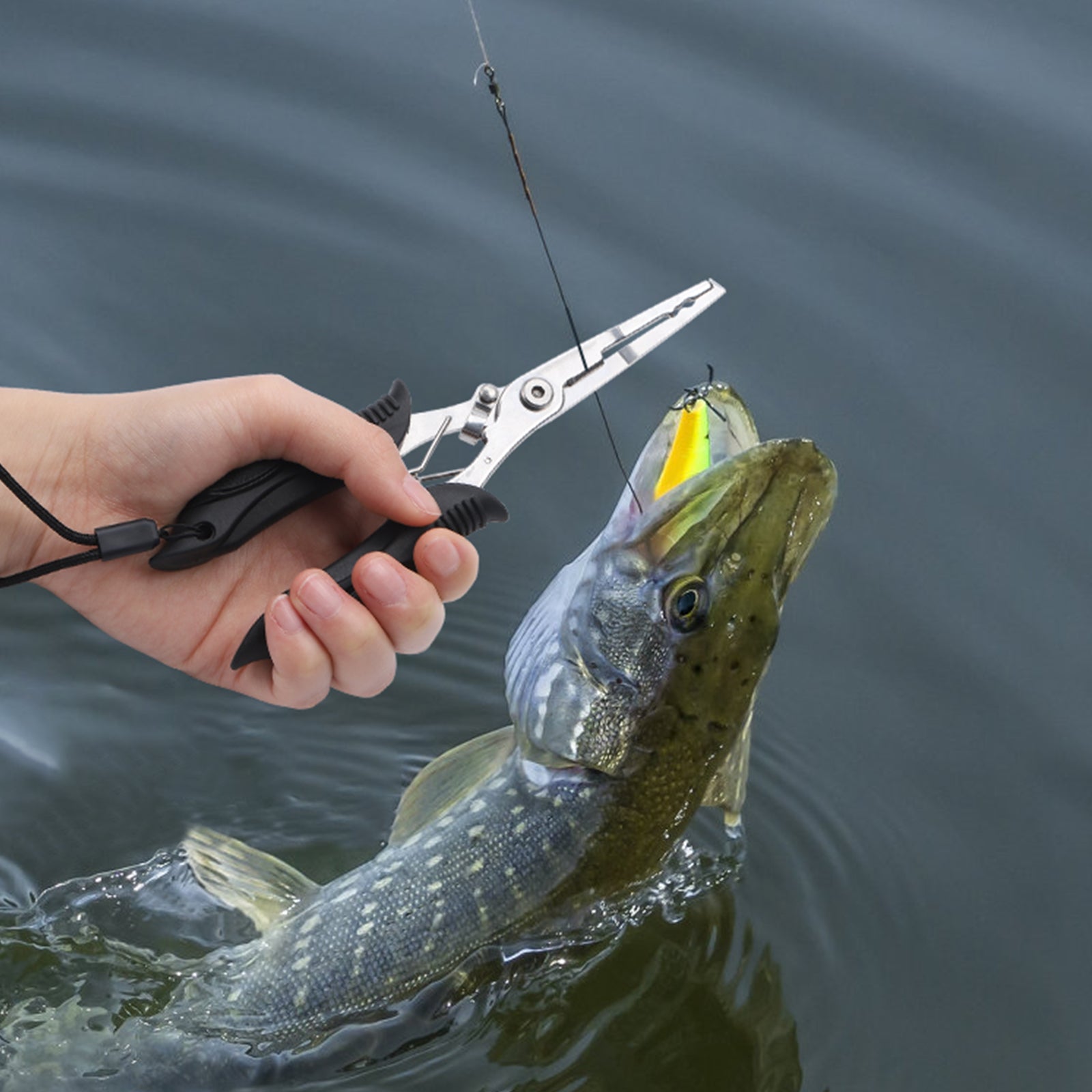 Multi functional fishing gear five piece set - fishing tool set. Professional fishing equipment. Five piece fishing gear set. Fishing tongs, hook removers, lip clips, and digital scales.