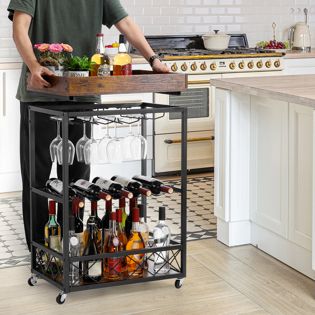 Beverage trolleys and beverage bottle racks, mobile kitchen service trolleys with storage and glass brackets, movable beverage trays, wheels and handles on trolleys, plain brown