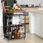 Beverage trolleys and beverage bottle racks, mobile kitchen service trolleys with storage and glass brackets, movable beverage trays, wheels and handles on trolleys, plain brown