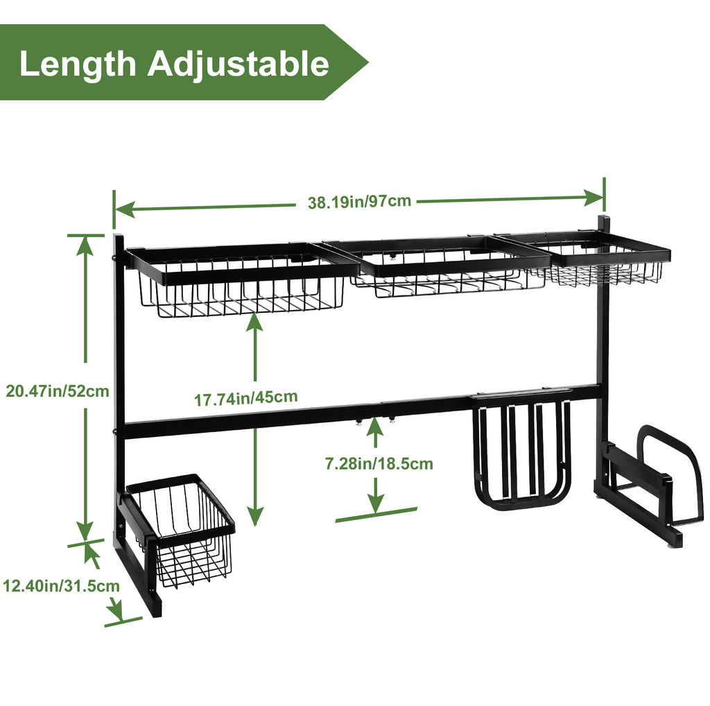 Two-Level Stainless Steel Above-Sink Dish Drainer with Adjustable Kitchen Storage Shelf and Integrated Cutlery Organizer, Black Finish