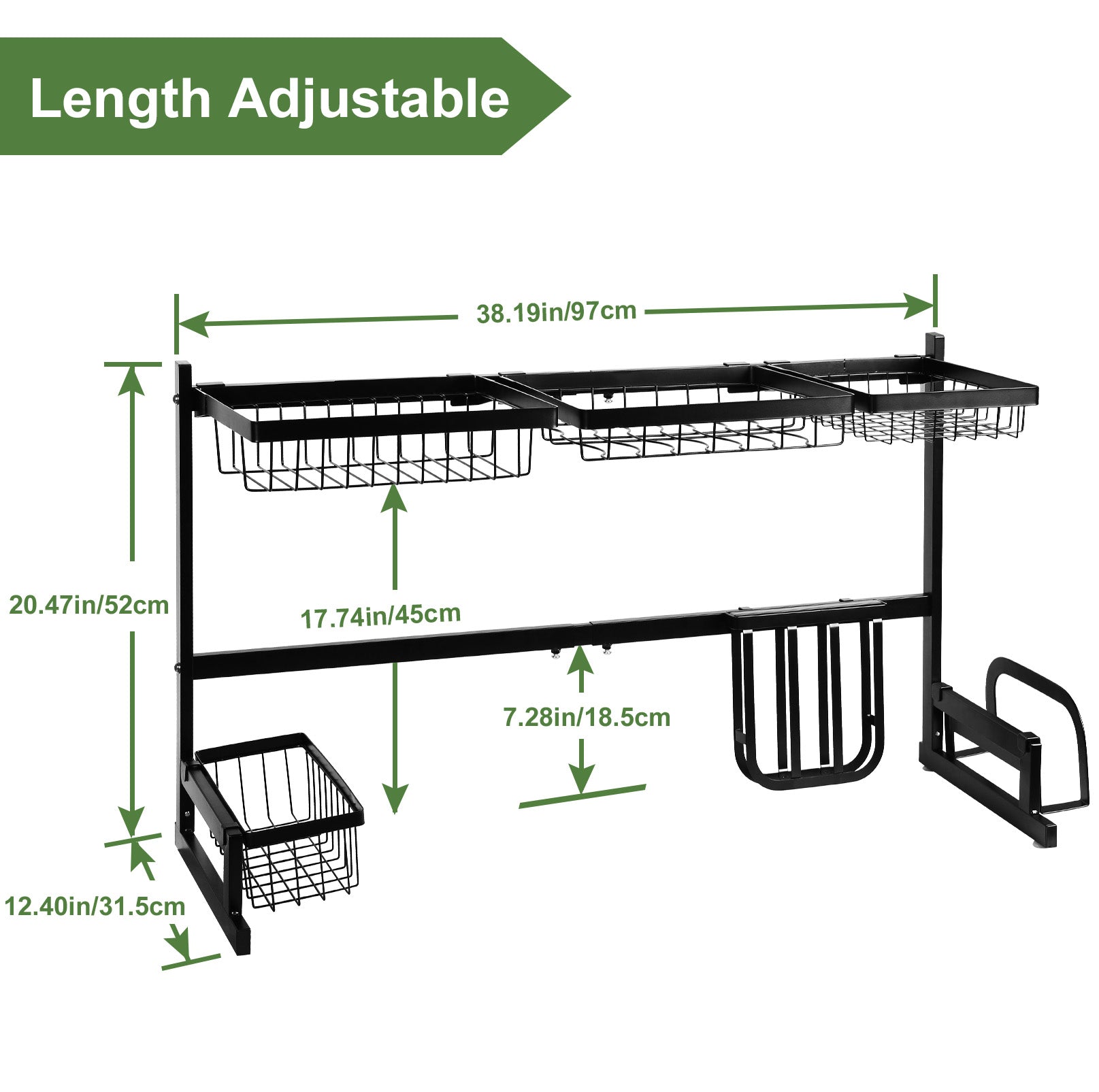 Two-Level Stainless Steel Above-Sink Dish Drainer with Adjustable Kitchen Storage Shelf and Integrated Cutlery Organizer, Black Finish