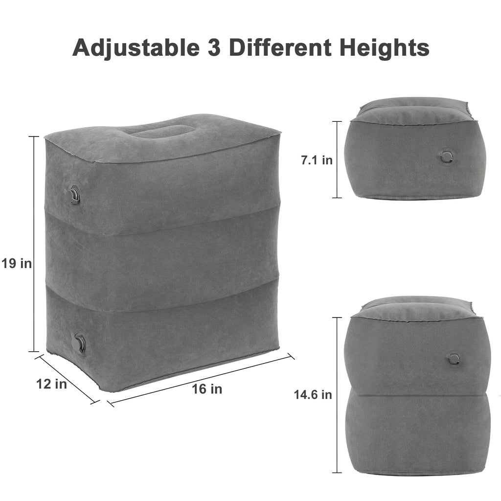2 Pack Adjustable Inflatable Foot Rest Pillow, 3 Levels Height Travel Air Foot Stool with Hand Pump, Portable Leg Rest Cushion for Airplane, Car, Train, Office, Home, Grey