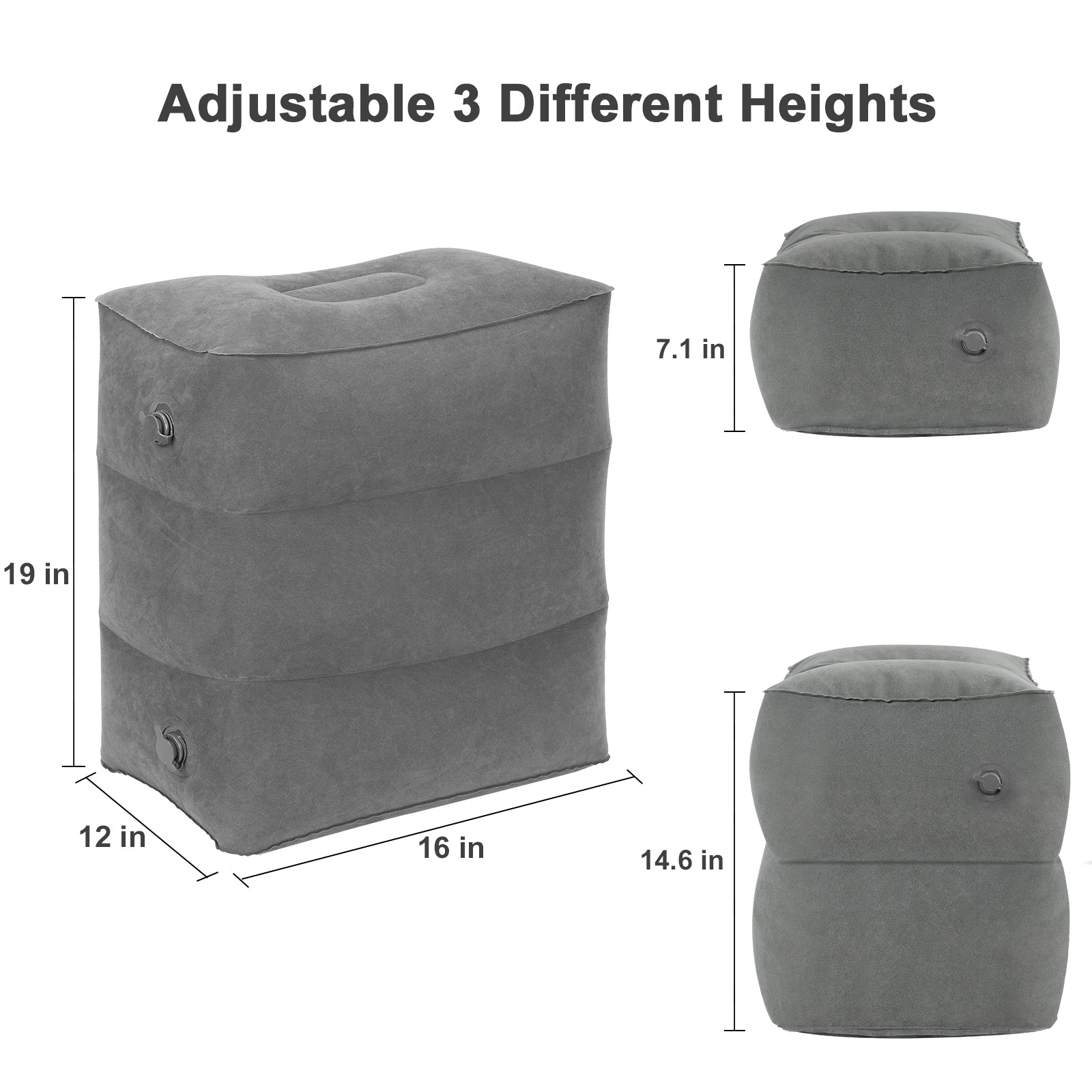 2 Pack Adjustable Inflatable Foot Rest Pillow, 3 Levels Height Travel Air Foot Stool with Hand Pump, Portable Leg Rest Cushion for Airplane, Car, Train, Office, Home, Grey