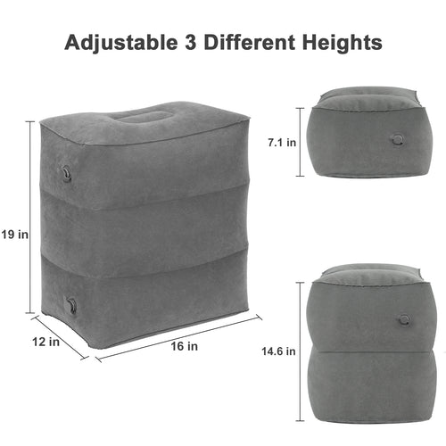 2 Pack Adjustable Inflatable Foot Rest Pillow, 3 Levels Height Travel Air Foot Stool with Hand Pump, Portable Leg Rest Cushion for Airplane, Car, Train, Office, Home, Grey