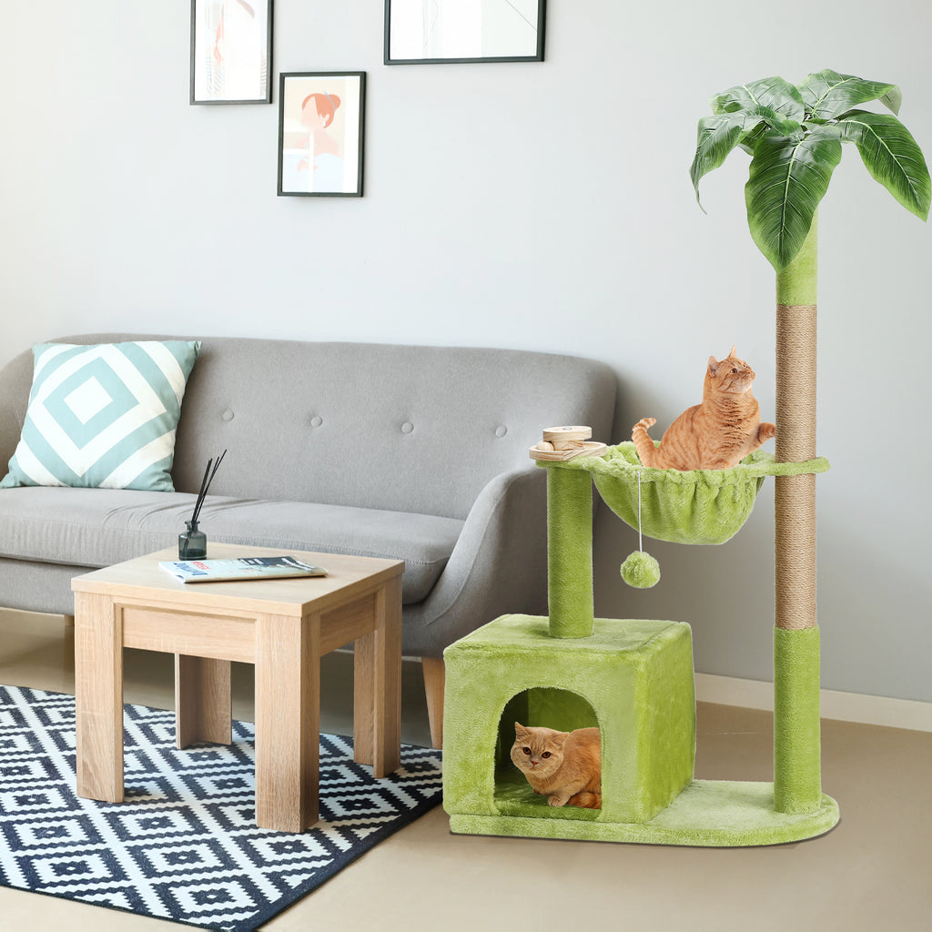 Cat Tree for Indoor Cats, Cat Tower with Large Hammock, Cat Condo Cat House Dangling Ball and Palm Leaf, Scratching Post for Indoor Kittens and Cats(Green)