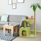 Cat Tree for Indoor Cats, Cat Tower with Large Hammock, Cat Condo Cat House Dangling Ball and Palm Leaf, Scratching Post for Indoor Kittens and Cats(Green)