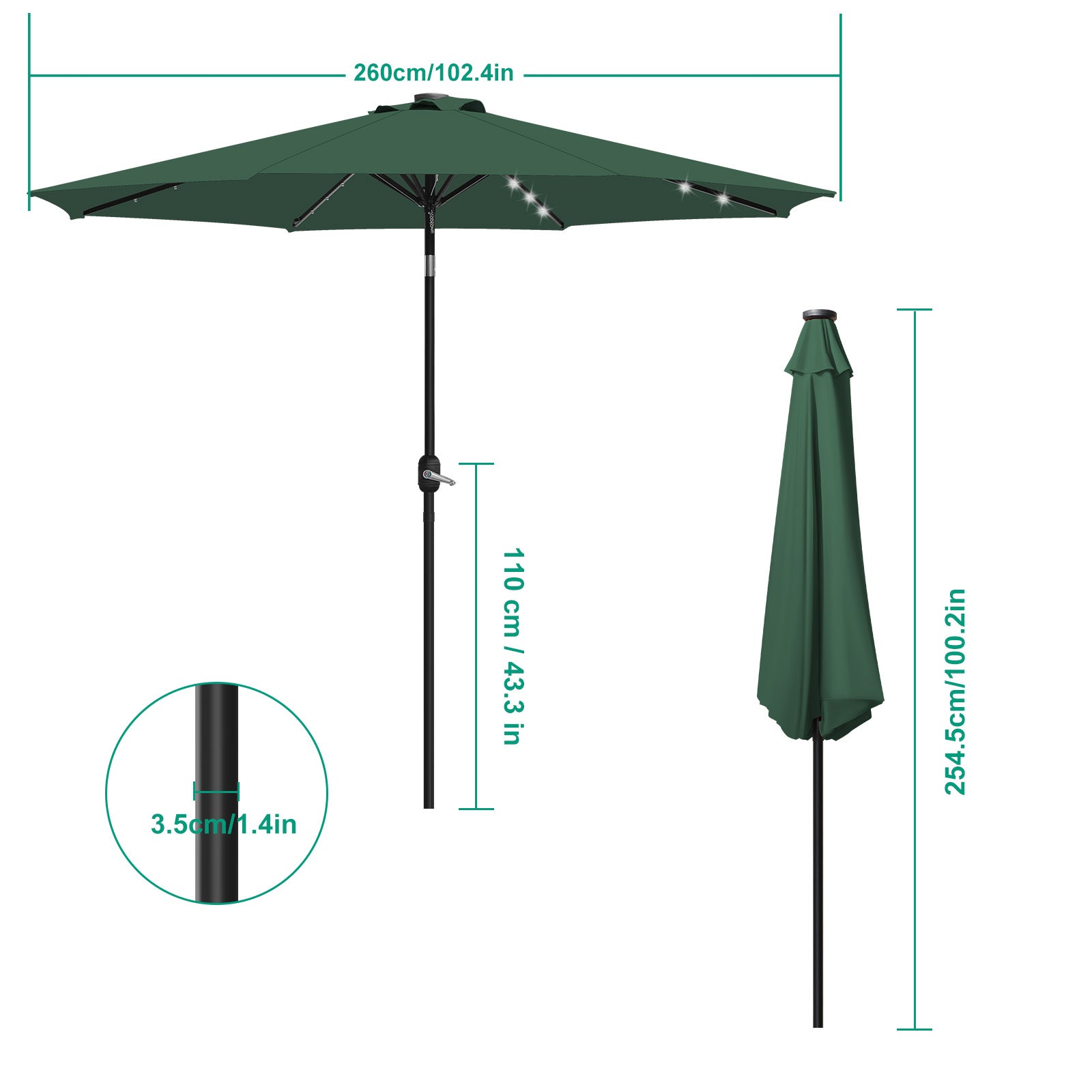 9ft Solar Powered Outdoor Umbrella -Tiltable Patio Market Umbrella with Crank, Green