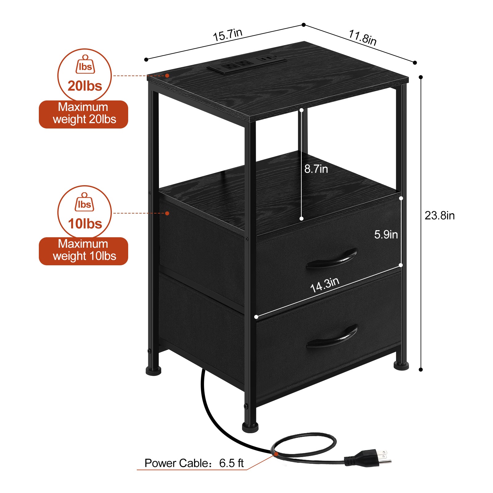 2-Pack Nightstands with USB Ports & Outlets -Black End Tables with Storage Drawers for Bedroom & Dorm