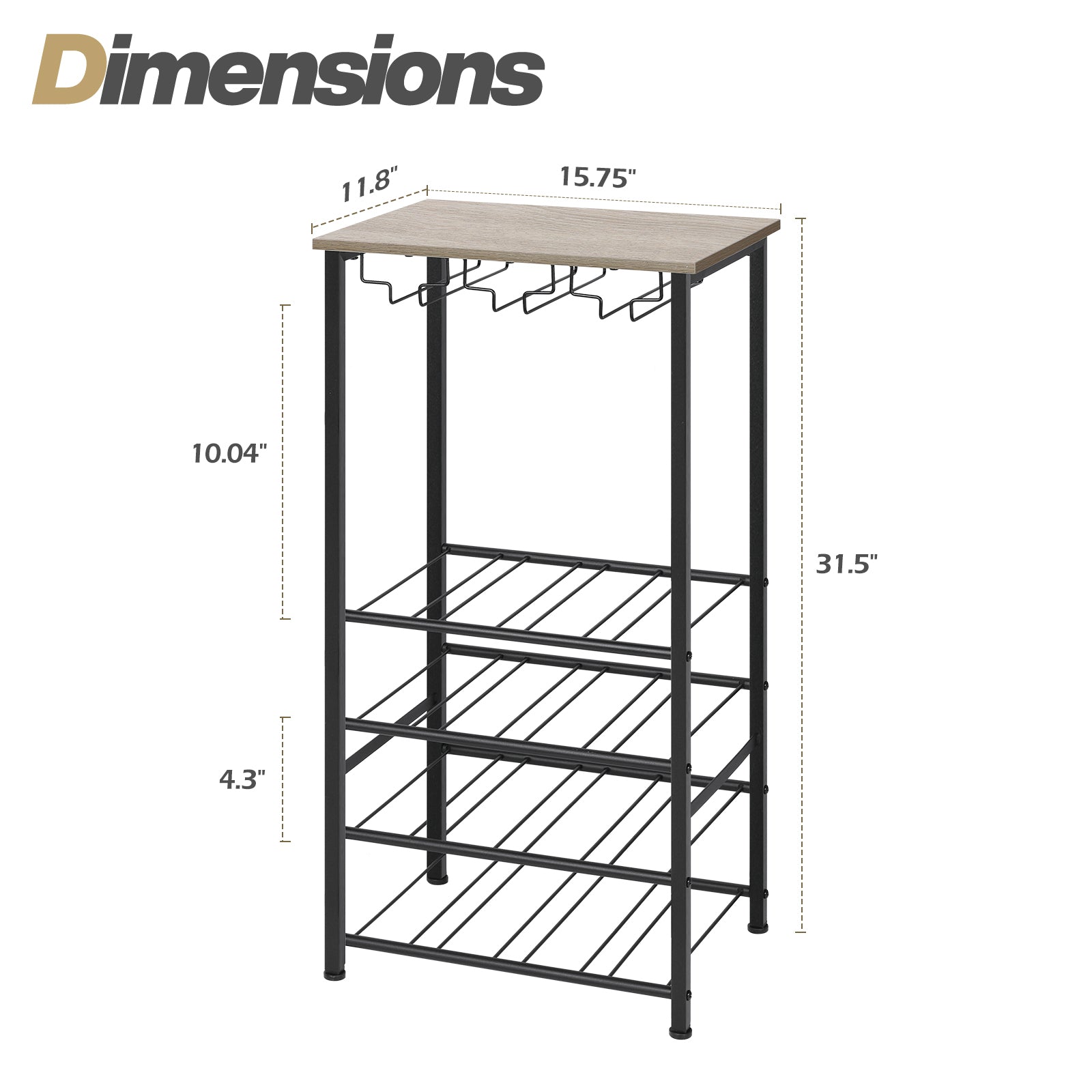 Freestanding Wine Rack Floor Stand with Glass Hanging Holder, Gray Oak Wood Top Metal Wine Storage Organizer, Holds 16 Wine Bottles & 9 Stem Glasses, Bar Cabinet Rack for Kitchen Dining Living Room