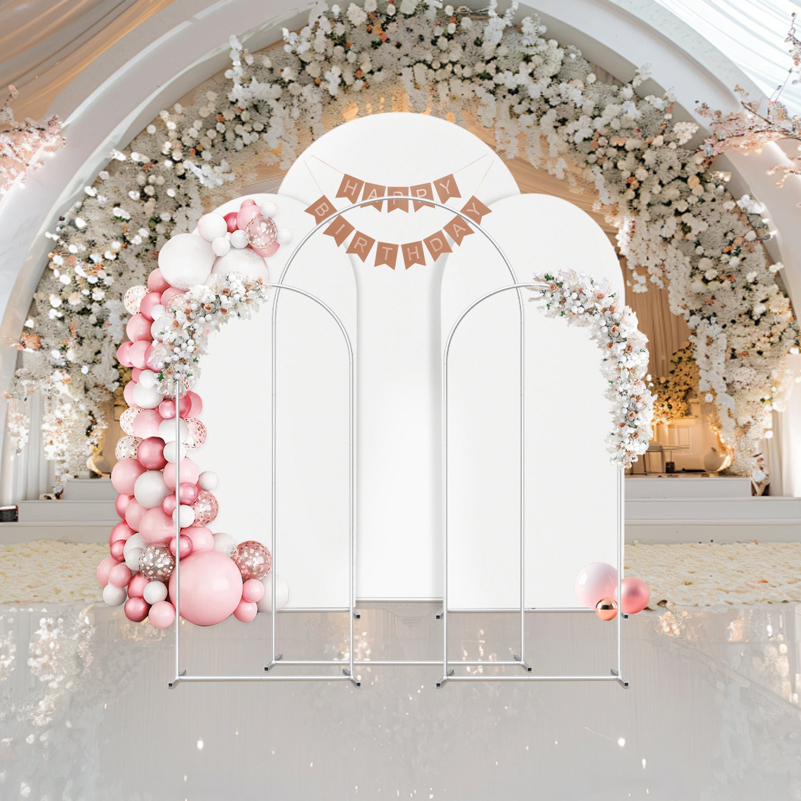 Set of 3 White Arch Backdrop Stands with Covers (7.3FT, 6FT, 6FT) - Metal Frame Kit for Events