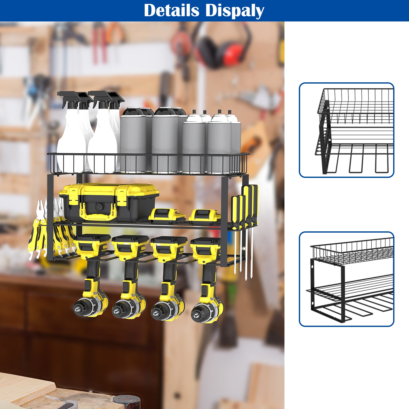 2-Tier Power Tool Organizer, Wall-Mount Drill Holder with Storage Basket for Garage & Workshop