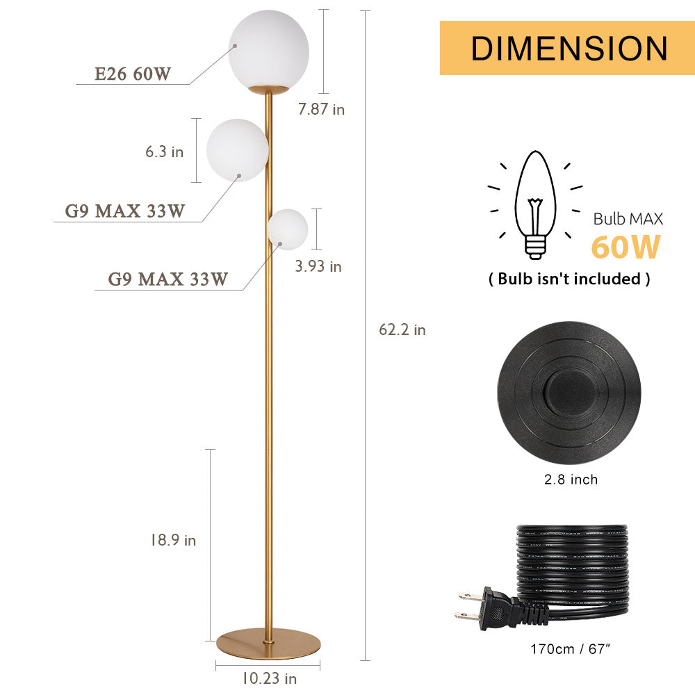 Modern 3-Globe Floor Lamp - Minimalist Gold Metal Industrial Standing Lamp - Elegant Tall Pole Light with Weighted Base for Living Room