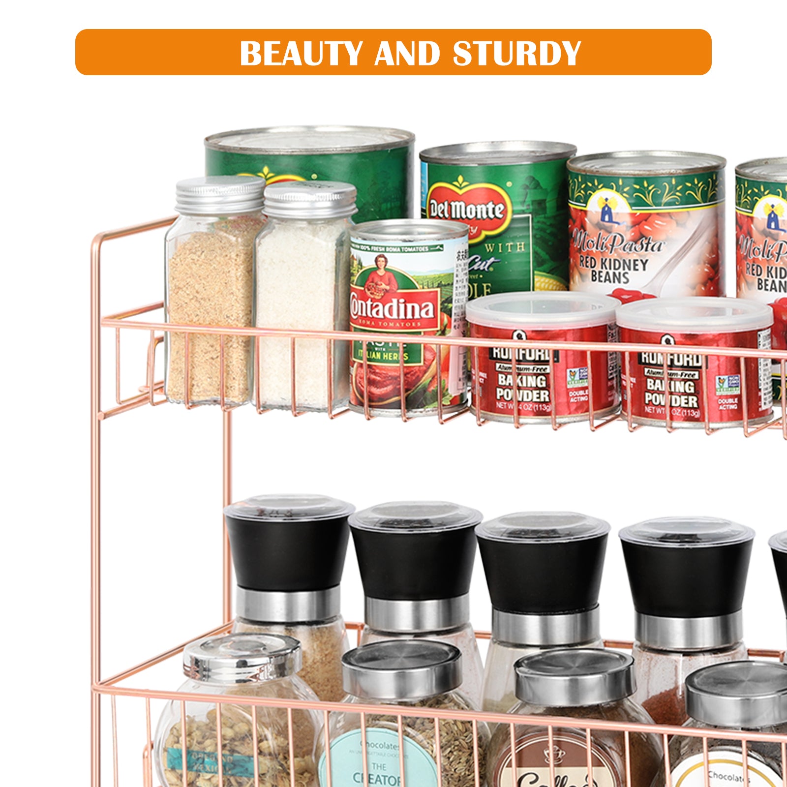 2-Tier Rose Gold Countertop Spice Rack Organizer - Elegant Metal Kitchen Storage Shelf for Jars and Bottles