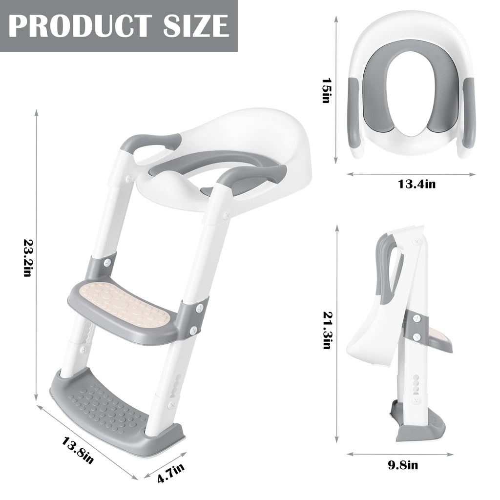 Toddler Potty Training Seat with Adjustable Step Stool Ladder, Non-Slip Bathroom Toilet Trainer for Boys and Girls, Grey and White