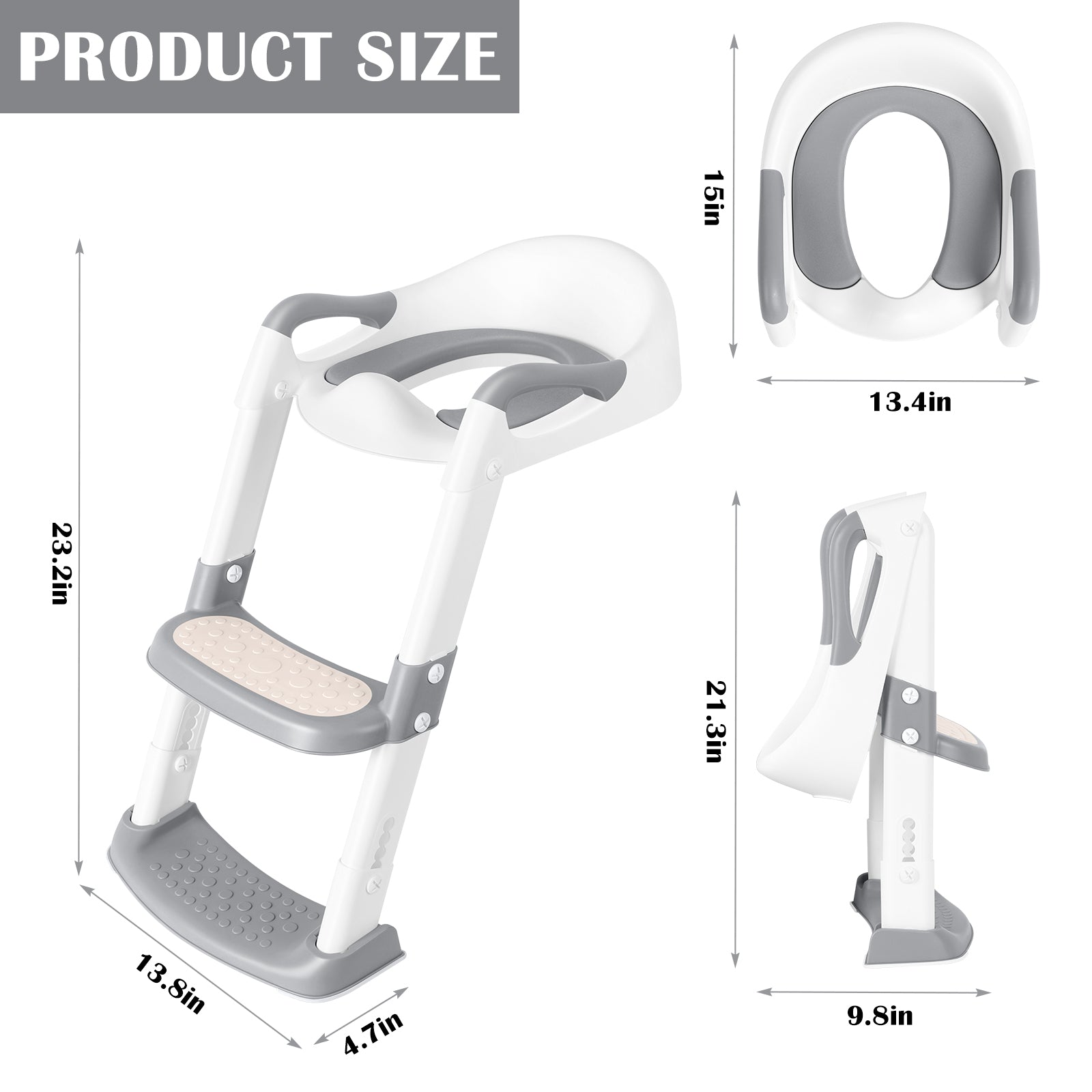 Toddler Potty Training Seat with Adjustable Step Stool Ladder, Non-Slip Bathroom Toilet Trainer for Boys and Girls, Grey and White