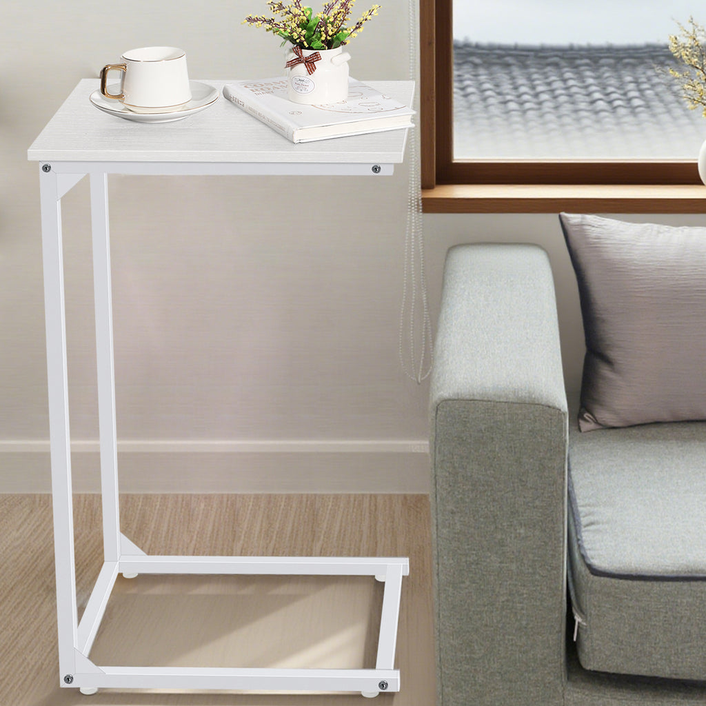 White C-Shaped End Table with Metal Frame, Bedside Snack Side Table for Laptop, Coffee & Living Room,