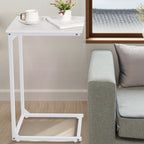 White C-Shaped End Table with Metal Frame, Bedside Snack Side Table for Laptop, Coffee & Living Room,