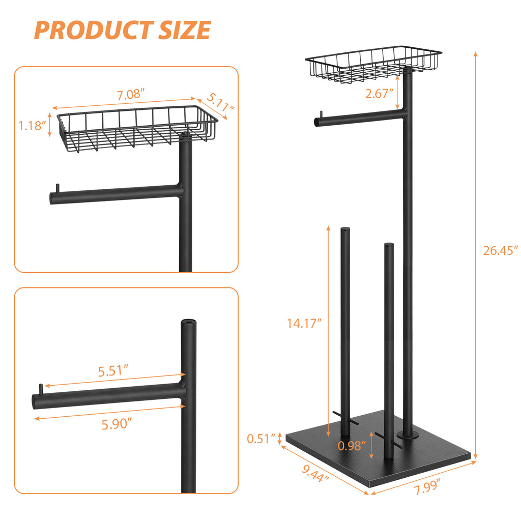 Two Pack Black Double Storage Rods with Basket Shelf, Freestanding Toilet Paper Holder, Holds 3 Rolls of Toilet Paper Rustproof Design, Non-Slip Stable Base