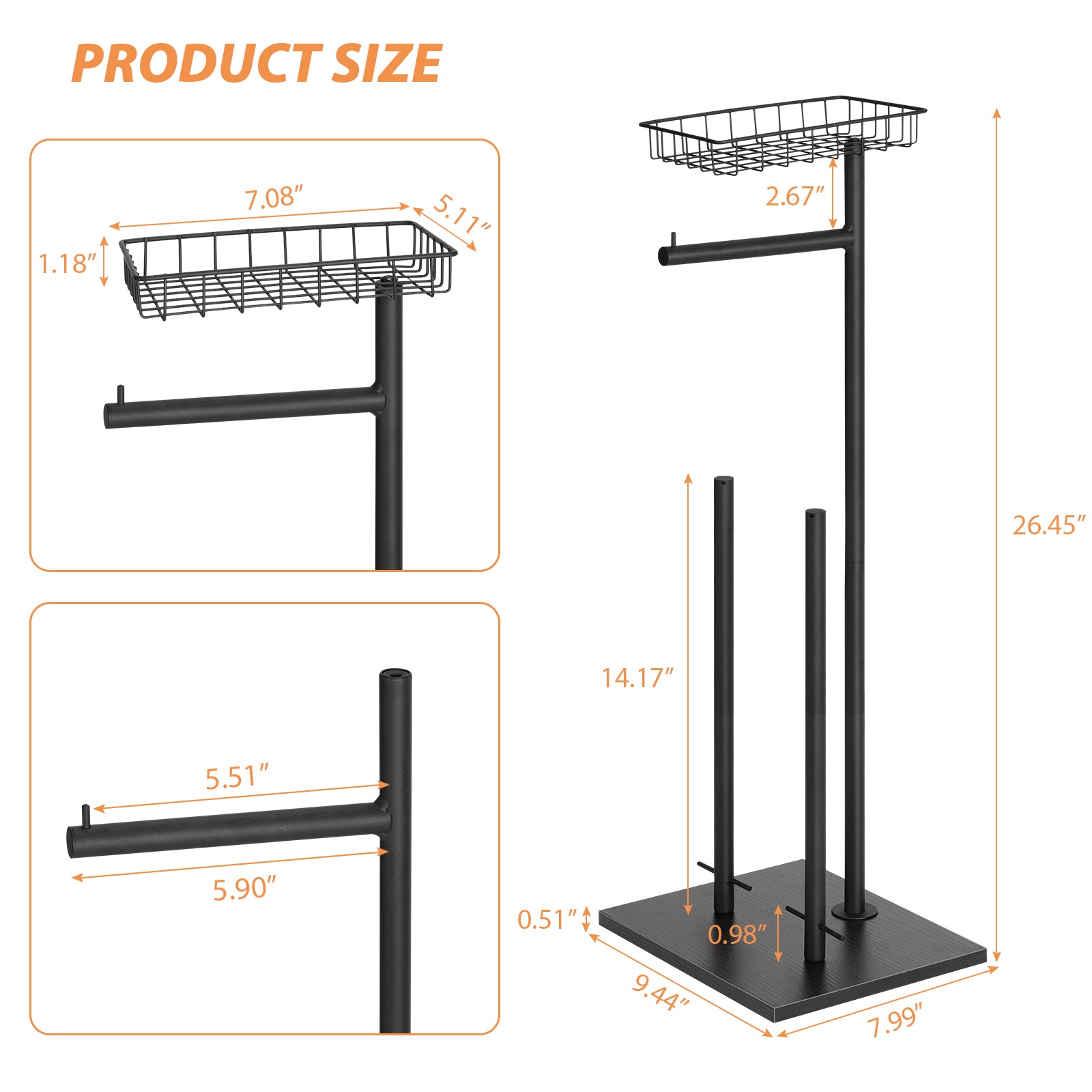 Two Pack Black Double Storage Rods with Basket Shelf, Freestanding Toilet Paper Holder, Holds 3 Rolls of Toilet Paper Rustproof Design, Non-Slip Stable Base