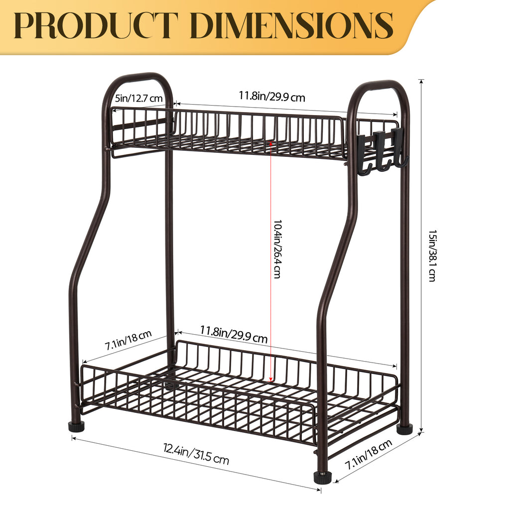 2-Tier Kitchen Spice Rack Organizer - Multi-Purpose Bathroom Counter Shelf with Hooks - Space-Saving Standing Storage, Brown