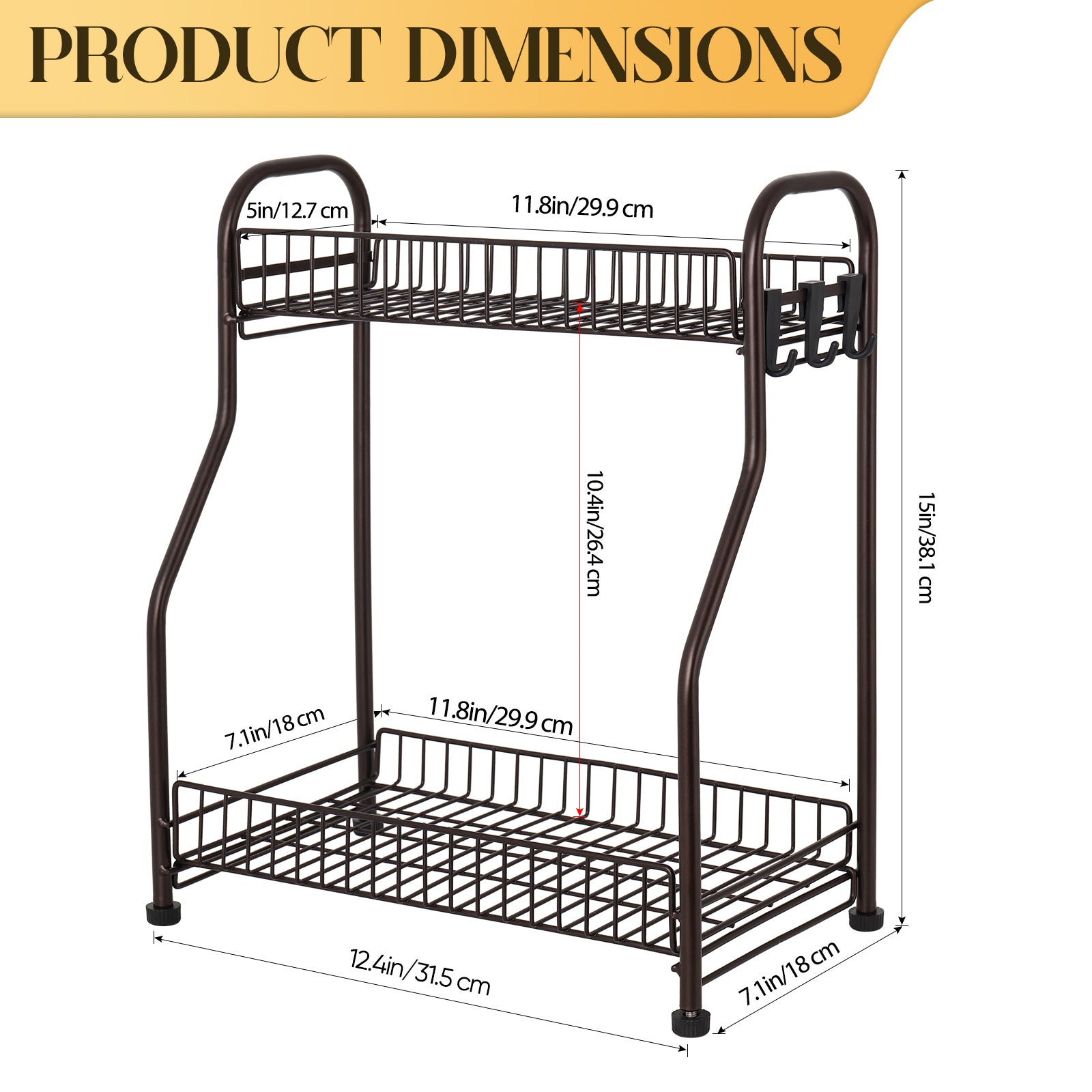 2-Tier Kitchen Spice Rack Organizer - Multi-Purpose Bathroom Counter Shelf with Hooks - Space-Saving Standing Storage, Brown