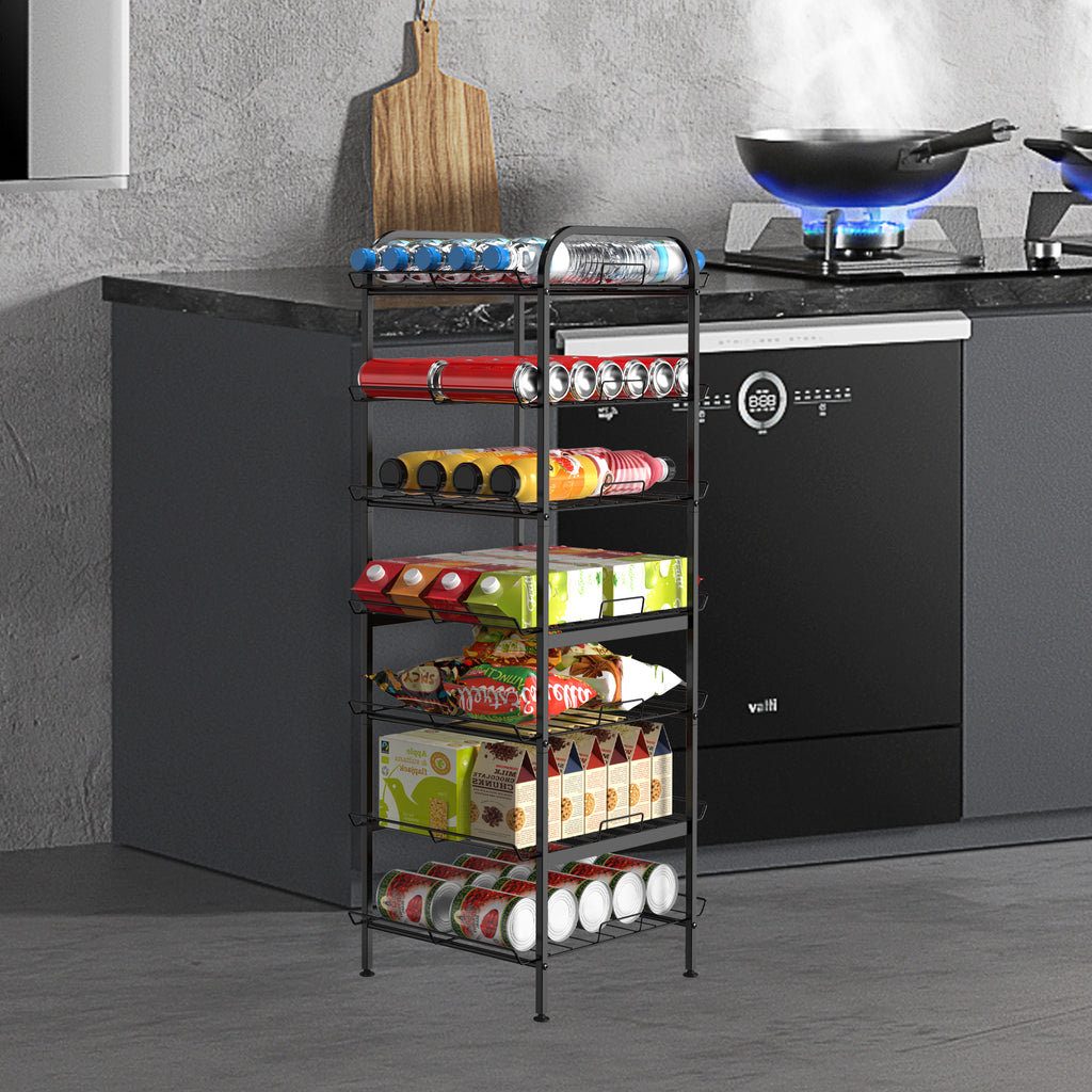 7-Tier Freestanding Water Bottle Organizer, Metal Beverage & Food Storage Rack for Kitchen Pantry,Black/Rustic Brown/White