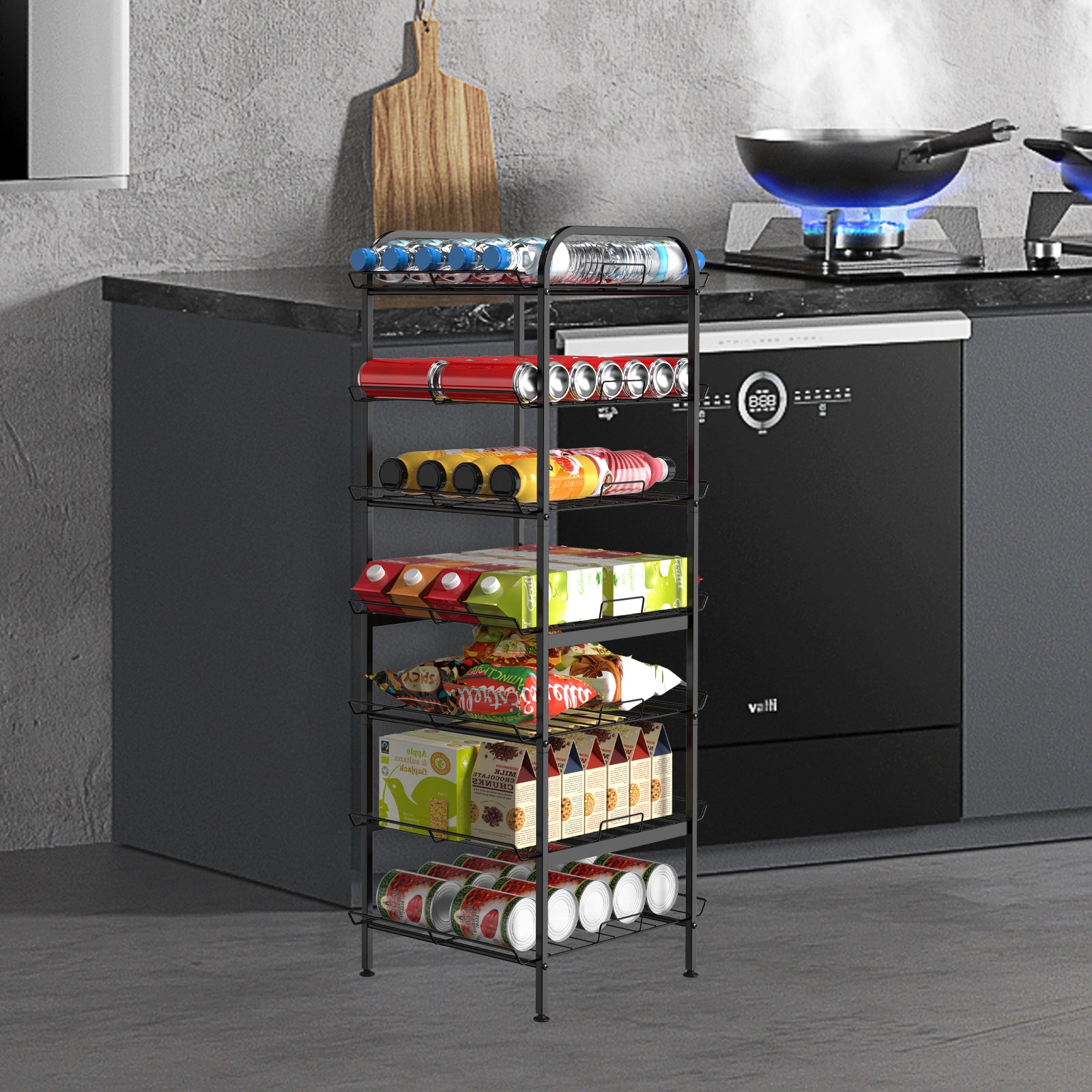 7-Tier Freestanding Water Bottle Organizer, Metal Beverage & Food Storage Rack for Kitchen Pantry,Black/Rustic Brown/White