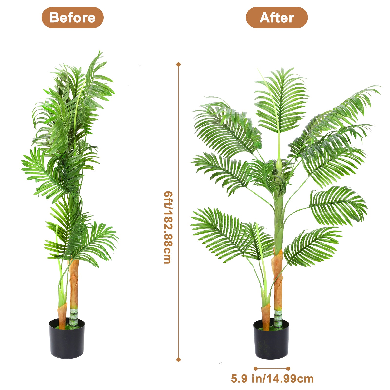 Tall Artificial Palm Tree with 2 Main Trunks - Potted Faux Tropical Plant for Home Office & Living Room