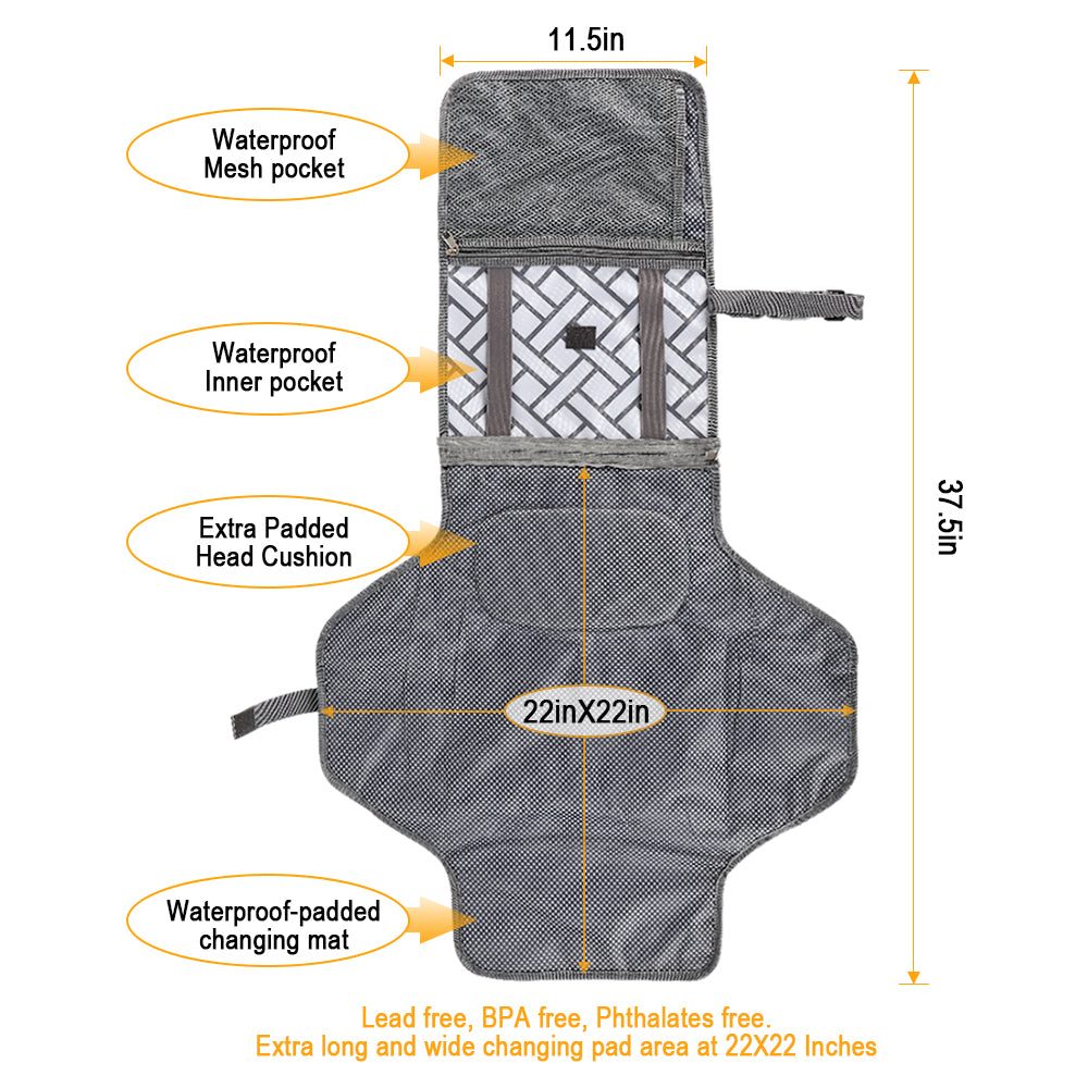 Portable Diaper Changing Pad with Built-in Storage - Foldable Travel Changing Mat for Babies, Grey Pattern