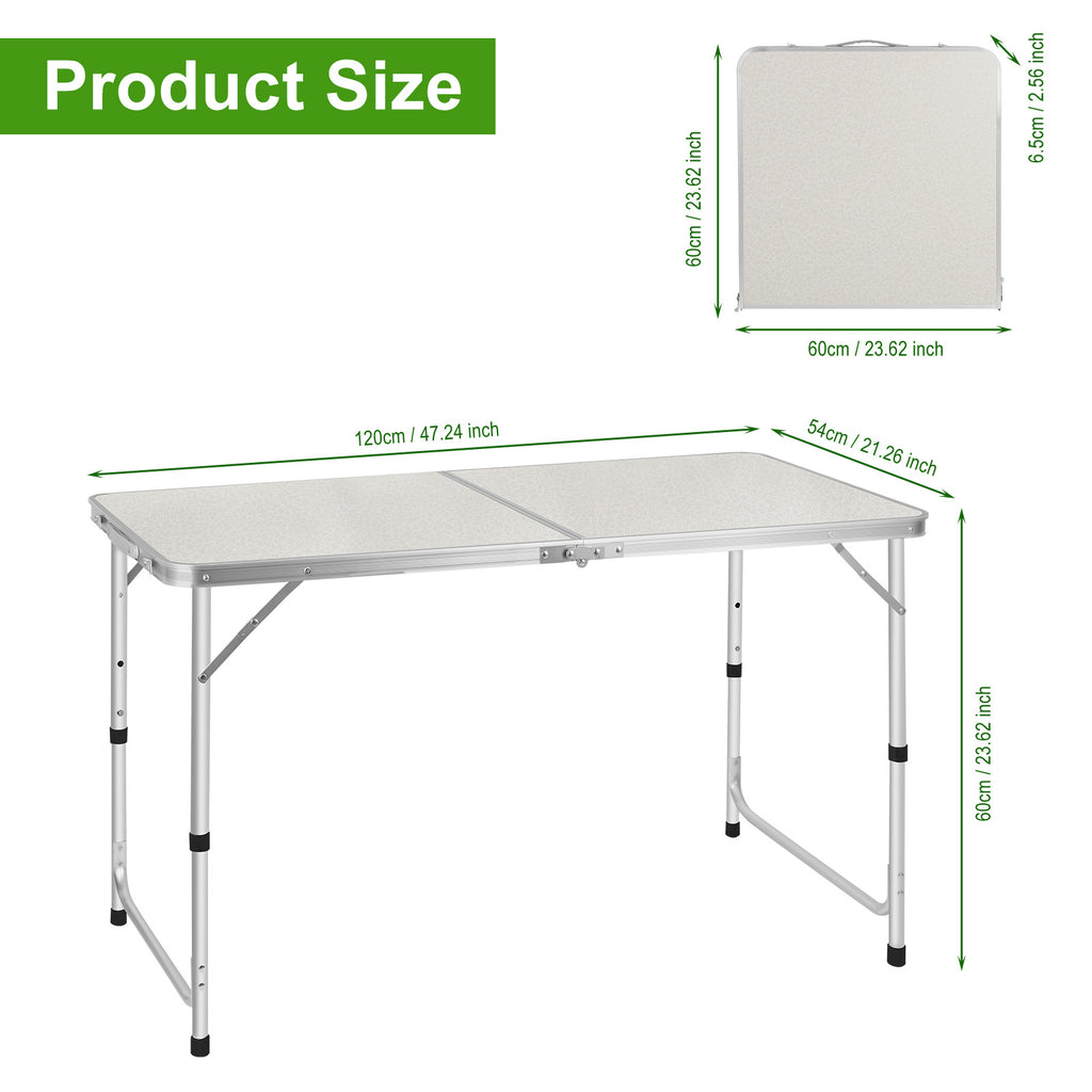 4FT Folding Camping Table - Portable Aluminum Lightweight Picnic Table with Adjustable Height, Heavy Duty Foldable Utility Table with Carry Handle for Outdoor, Indoor, Backyard, Beach, and BBQ