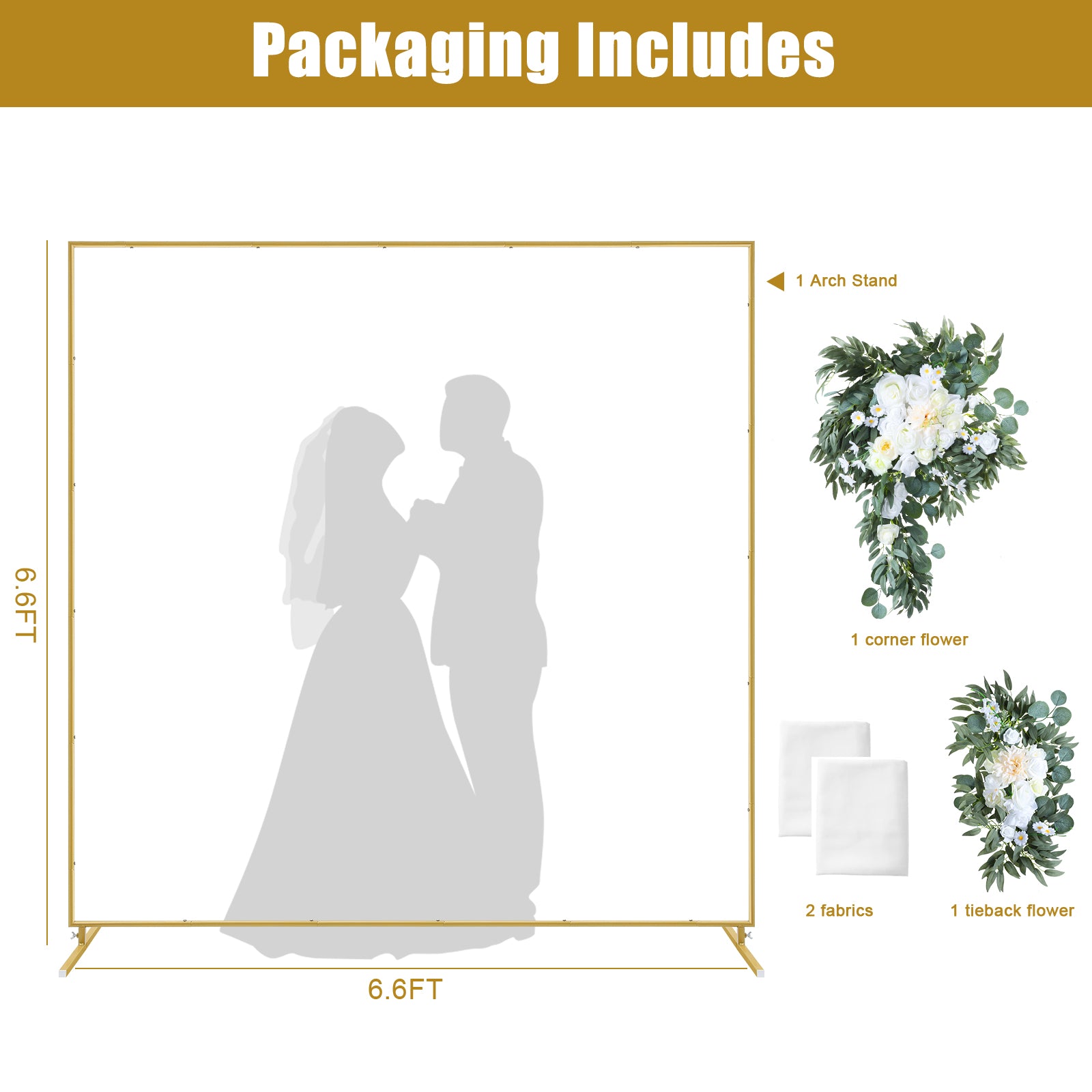 6.6 Ft Square Round Tube Wedding Arch in Gold with Floral Decoration, Wedding Arch Garland Flowers and Valance Kit, Square Background Curtain Stand for Parties, Birthday Ceremonies, Home Decorations