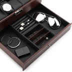 12-Slot Brown PU Leather Watch Box and Jewelry Organizer with Integrated Storage Drawer for Display