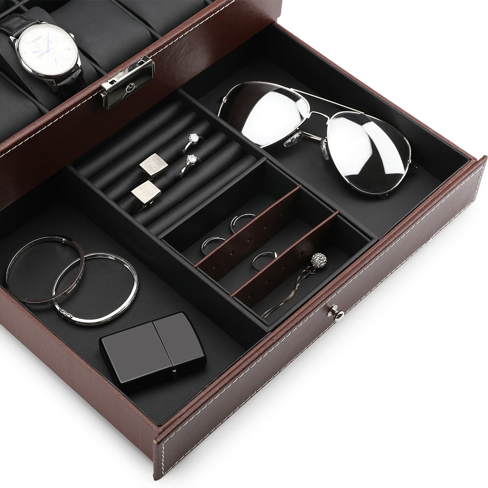 12-Slot Brown PU Leather Watch Box and Jewelry Organizer with Integrated Storage Drawer for Display