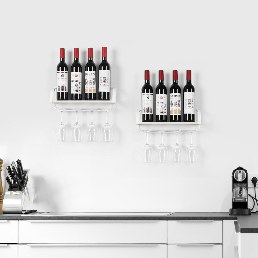 Rustic Wood Wine Rack with Glass Holder ¨C Farmhouse Wall-Mounted Storage Shelf for Kitchen, Pantry, or Bar, Space-Saving Display for Wine Bottles and Stemware, 17 Inch, Wine Bottle Holder